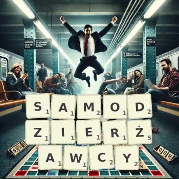 Kreatywna ilustracja do gry w Scrabble ze słowem SAMODZIERŻAWCY ułożonym z płytek na planszy.