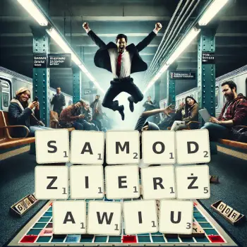 Kreatywna ilustracja do gry w Scrabble ze słowem SAMODZIERŻAWIU ułożonym z płytek na planszy.