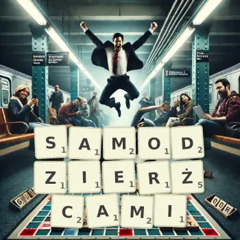 Kreatywna ilustracja do gry w Scrabble ze słowem SAMODZIERŻCAMI ułożonym z płytek na planszy.