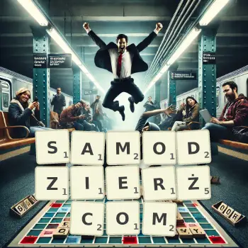 Kreatywna ilustracja do gry w Scrabble ze słowem SAMODZIERŻCOM ułożonym z płytek na planszy.