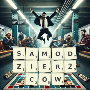 Kreatywna ilustracja do gry w Scrabble ze słowem SAMODZIERŻCÓW ułożonym z płytek na planszy.