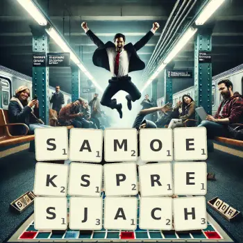 Kreatywna ilustracja do gry w Scrabble ze słowem SAMOEKSPRESJACH ułożonym z płytek na planszy.