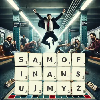 Kreatywna ilustracja do gry w Scrabble ze słowem SAMOFINANSUJMYŻ ułożonym z płytek na planszy.