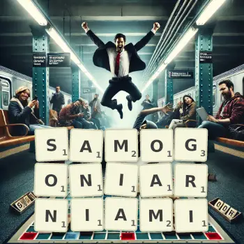 Kreatywna ilustracja do gry w Scrabble ze słowem SAMOGONIARNIAMI ułożonym z płytek na planszy.