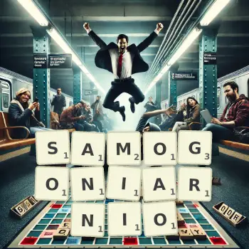 Kreatywna ilustracja do gry w Scrabble ze słowem SAMOGONIARNIO ułożonym z płytek na planszy.