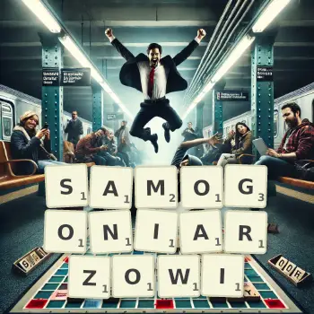 Kreatywna ilustracja do gry w Scrabble ze słowem SAMOGONIARZOWI ułożonym z płytek na planszy.