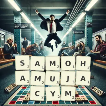 Kreatywna ilustracja do gry w Scrabble ze słowem SAMOHAMUJACYM ułożonym z płytek na planszy.