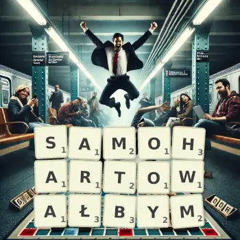 Kreatywna ilustracja do gry w Scrabble ze słowem SAMOHARTOWAŁBYM ułożonym z płytek na planszy.