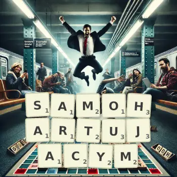 Kreatywna ilustracja do gry w Scrabble ze słowem SAMOHARTUJACYM ułożonym z płytek na planszy.