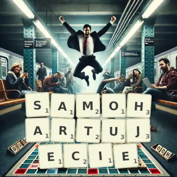 Kreatywna ilustracja do gry w Scrabble ze słowem SAMOHARTUJECIE ułożonym z płytek na planszy.