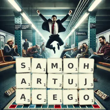 Kreatywna ilustracja do gry w Scrabble ze słowem SAMOHARTUJĄCEGO ułożonym z płytek na planszy.