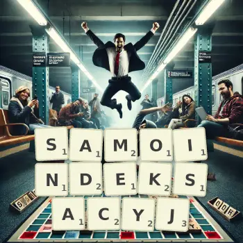 Kreatywna ilustracja do gry w Scrabble ze słowem SAMOINDEKSACYJ ułożonym z płytek na planszy.