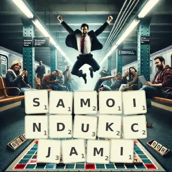 Kreatywna ilustracja do gry w Scrabble ze słowem SAMOINDUKCJAMI ułożonym z płytek na planszy.