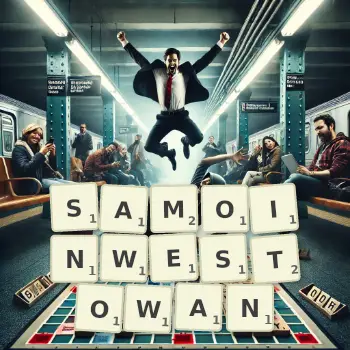 Kreatywna ilustracja do gry w Scrabble ze słowem SAMOINWESTOWAN ułożonym z płytek na planszy.