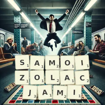 Kreatywna ilustracja do gry w Scrabble ze słowem SAMOIZOLACJAMI ułożonym z płytek na planszy.