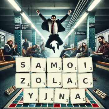 Kreatywna ilustracja do gry w Scrabble ze słowem SAMOIZOLACYJNA ułożonym z płytek na planszy.