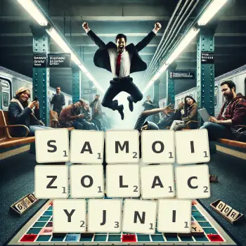 Kreatywna ilustracja do gry w Scrabble ze słowem SAMOIZOLACYJNI ułożonym z płytek na planszy.