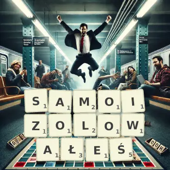 Kreatywna ilustracja do gry w Scrabble ze słowem SAMOIZOLOWAŁEŚ ułożonym z płytek na planszy.