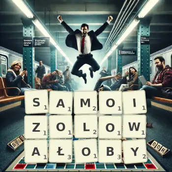 Kreatywna ilustracja do gry w Scrabble ze słowem SAMOIZOLOWAŁOBY ułożonym z płytek na planszy.