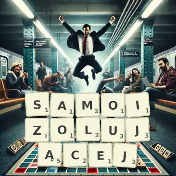 Kreatywna ilustracja do gry w Scrabble ze słowem SAMOIZOLUJĄCEJ ułożonym z płytek na planszy.