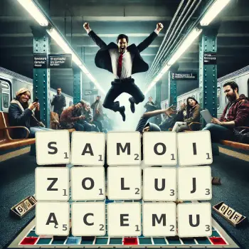 Kreatywna ilustracja do gry w Scrabble ze słowem SAMOIZOLUJĄCEMU ułożonym z płytek na planszy.