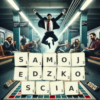 Kreatywna ilustracja do gry w Scrabble ze słowem SAMOJEDZKOSCIA ułożonym z płytek na planszy.