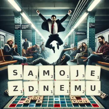 Kreatywna ilustracja do gry w Scrabble ze słowem SAMOJEZDNEMU ułożonym z płytek na planszy.