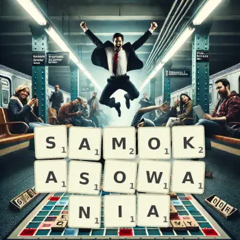 Kreatywna ilustracja do gry w Scrabble ze słowem SAMOKASOWANIA ułożonym z płytek na planszy.