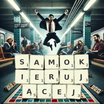 Kreatywna ilustracja do gry w Scrabble ze słowem SAMOKIERUJĄCEJ ułożonym z płytek na planszy.