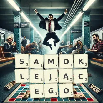 Kreatywna ilustracja do gry w Scrabble ze słowem SAMOKLEJĄCEGO ułożonym z płytek na planszy.