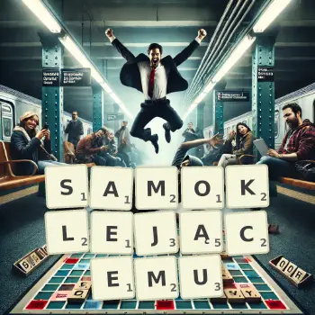 Kreatywna ilustracja do gry w Scrabble ze słowem SAMOKLEJĄCEMU ułożonym z płytek na planszy.