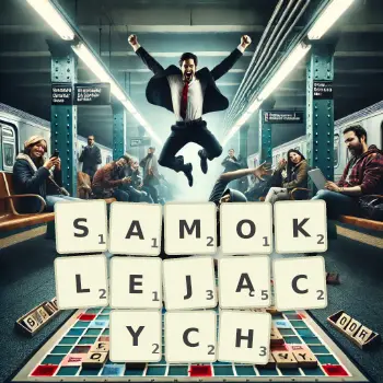 Kreatywna ilustracja do gry w Scrabble ze słowem SAMOKLEJĄCYCH ułożonym z płytek na planszy.