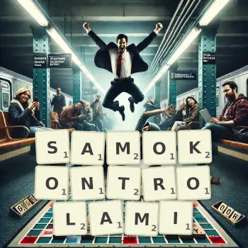 Kreatywna ilustracja do gry w Scrabble ze słowem SAMOKONTROLAMI ułożonym z płytek na planszy.