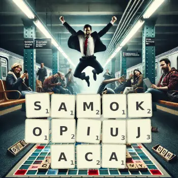 Kreatywna ilustracja do gry w Scrabble ze słowem SAMOKOPIUJACA ułożonym z płytek na planszy.