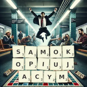 Kreatywna ilustracja do gry w Scrabble ze słowem SAMOKOPIUJACYM ułożonym z płytek na planszy.