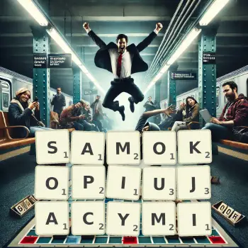 Kreatywna ilustracja do gry w Scrabble ze słowem SAMOKOPIUJACYMI ułożonym z płytek na planszy.