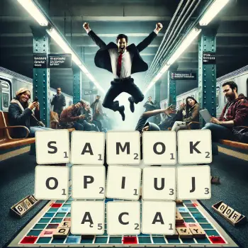 Kreatywna ilustracja do gry w Scrabble ze słowem SAMOKOPIUJĄCA ułożonym z płytek na planszy.