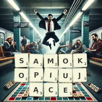 Kreatywna ilustracja do gry w Scrabble ze słowem SAMOKOPIUJĄCE ułożonym z płytek na planszy.