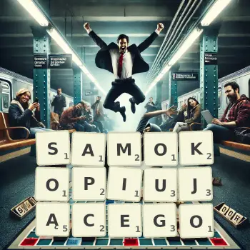 Kreatywna ilustracja do gry w Scrabble ze słowem SAMOKOPIUJĄCEGO ułożonym z płytek na planszy.