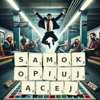 Kreatywna ilustracja do gry w Scrabble ze słowem SAMOKOPIUJĄCEJ ułożonym z płytek na planszy.