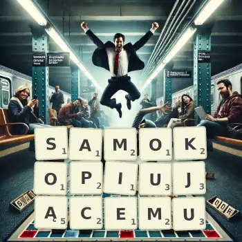 Kreatywna ilustracja do gry w Scrabble ze słowem SAMOKOPIUJĄCEMU ułożonym z płytek na planszy.