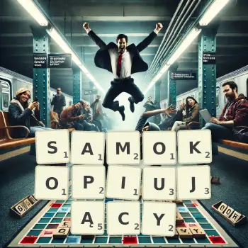 Kreatywna ilustracja do gry w Scrabble ze słowem SAMOKOPIUJĄCY ułożonym z płytek na planszy.