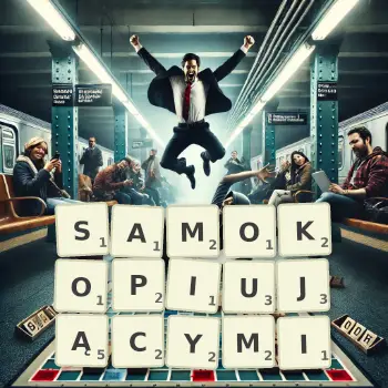 Kreatywna ilustracja do gry w Scrabble ze słowem SAMOKOPIUJĄCYMI ułożonym z płytek na planszy.
