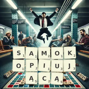 Kreatywna ilustracja do gry w Scrabble ze słowem SAMOKOPIUJĄCĄ ułożonym z płytek na planszy.
