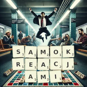 Kreatywna ilustracja do gry w Scrabble ze słowem SAMOKREACJAMI ułożonym z płytek na planszy.