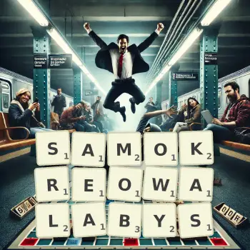 Kreatywna ilustracja do gry w Scrabble ze słowem SAMOKREOWALABYS ułożonym z płytek na planszy.