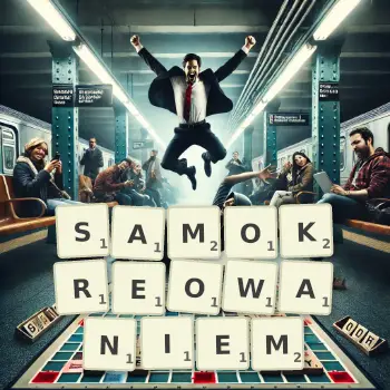 Kreatywna ilustracja do gry w Scrabble ze słowem SAMOKREOWANIEM ułożonym z płytek na planszy.