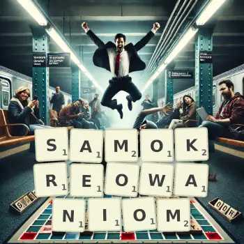 Kreatywna ilustracja do gry w Scrabble ze słowem SAMOKREOWANIOM ułożonym z płytek na planszy.