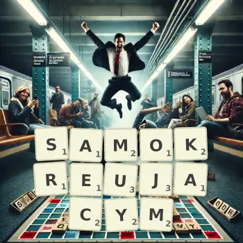 Kreatywna ilustracja do gry w Scrabble ze słowem SAMOKREUJACYM ułożonym z płytek na planszy.