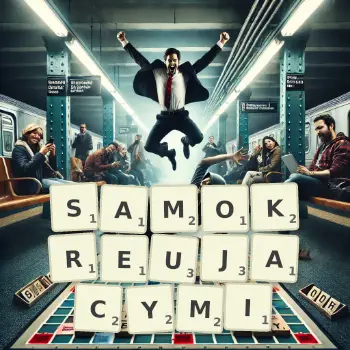 Kreatywna ilustracja do gry w Scrabble ze słowem SAMOKREUJACYMI ułożonym z płytek na planszy.